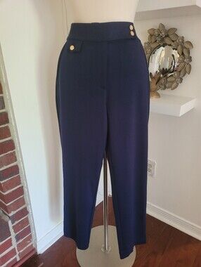 Lauren Ralph Lauren Navy High-Waist Button Detail Wide-Leg Pants Large